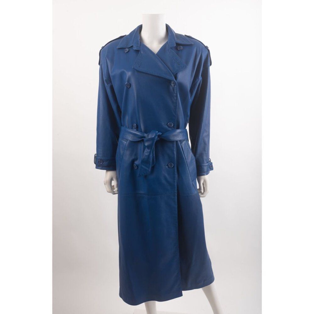 Vintage Searle Blatt Bergdorf Goodman Womens Long Blue Leather Coat Sz 4-6 Belte